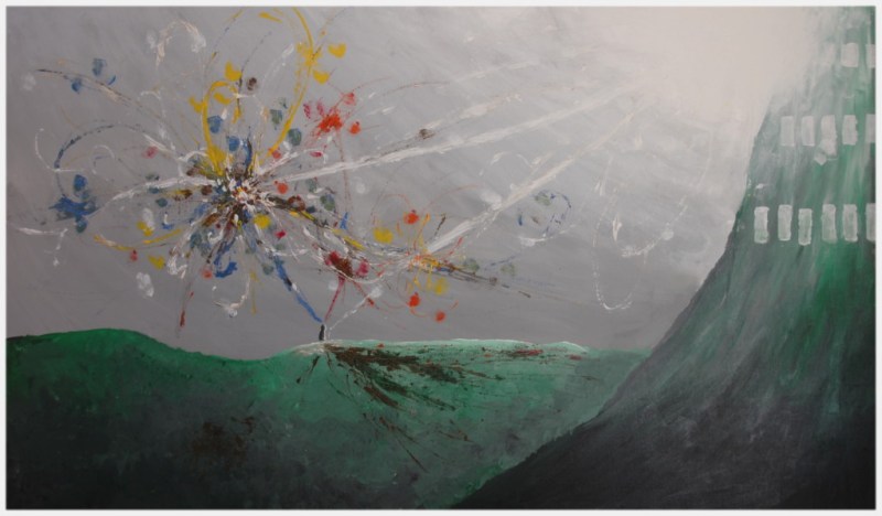 106x60cm, Acryl auf Holz. Groß angucken, sonst übersieht man leicht meinen kleinen Kerl.